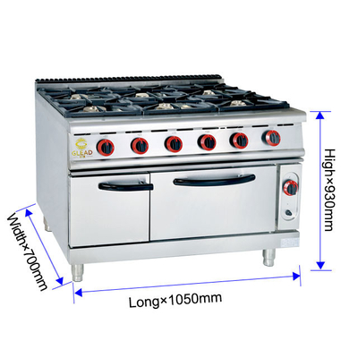 Efficiëntie Commerciële keuken Gas Range Kookplaat 6 Brander Zware restaurantapparatuur NG/LPG