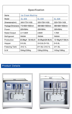 Nachtbehoud Industriële zachte ijsmachine 360-460 kopjes/uur 22-28 kg/uur Productie snelheid 220-240Vspanning