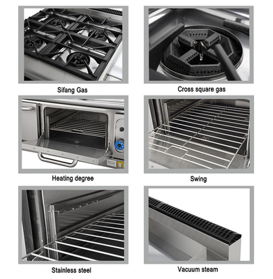 Vlekvrye staal gas range oven Combo voor commerciële keukens