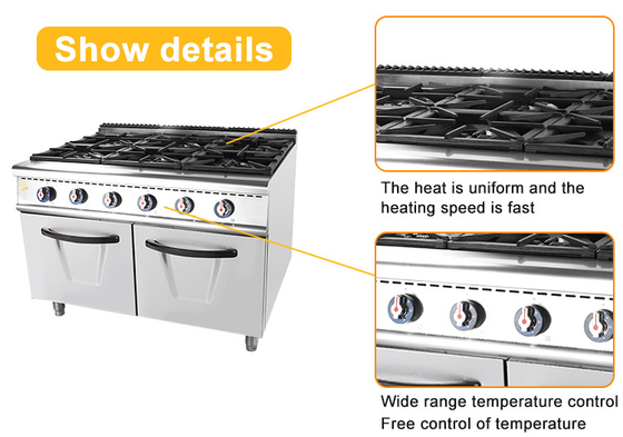 Gas 6 range kachel met oven Commerciële SS304 LPG/Natuurgas Hotelapparatuur
