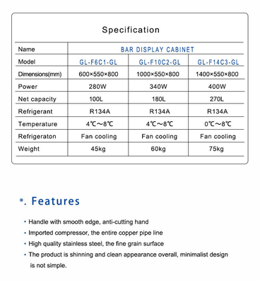 180L Hotel Lobby Equipment / Hotel Solution ventilator koeling koeling 4°C 8°C R134a koelkast 340W